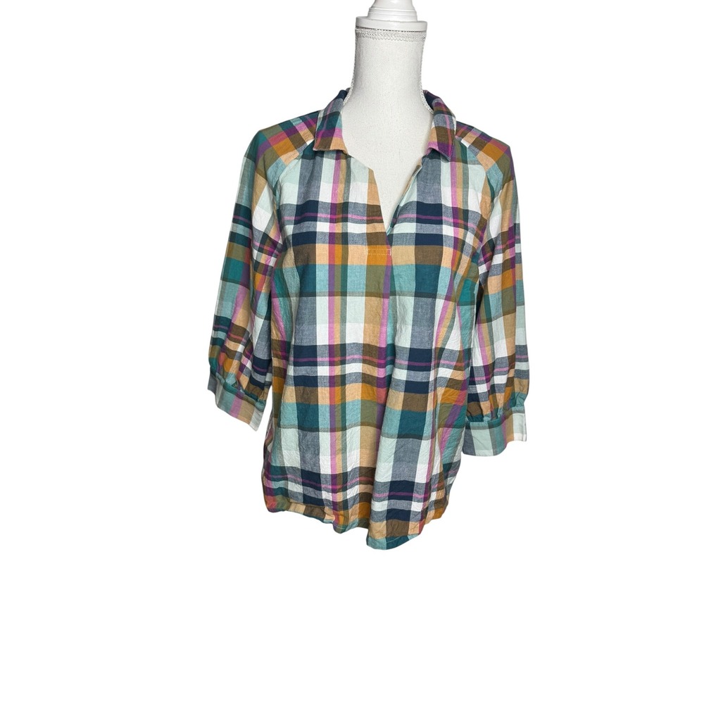 Seasalt Cornwall Bryn Top Organic Cotton Plaid 3/4 Sleeve Blouse Multi US 10